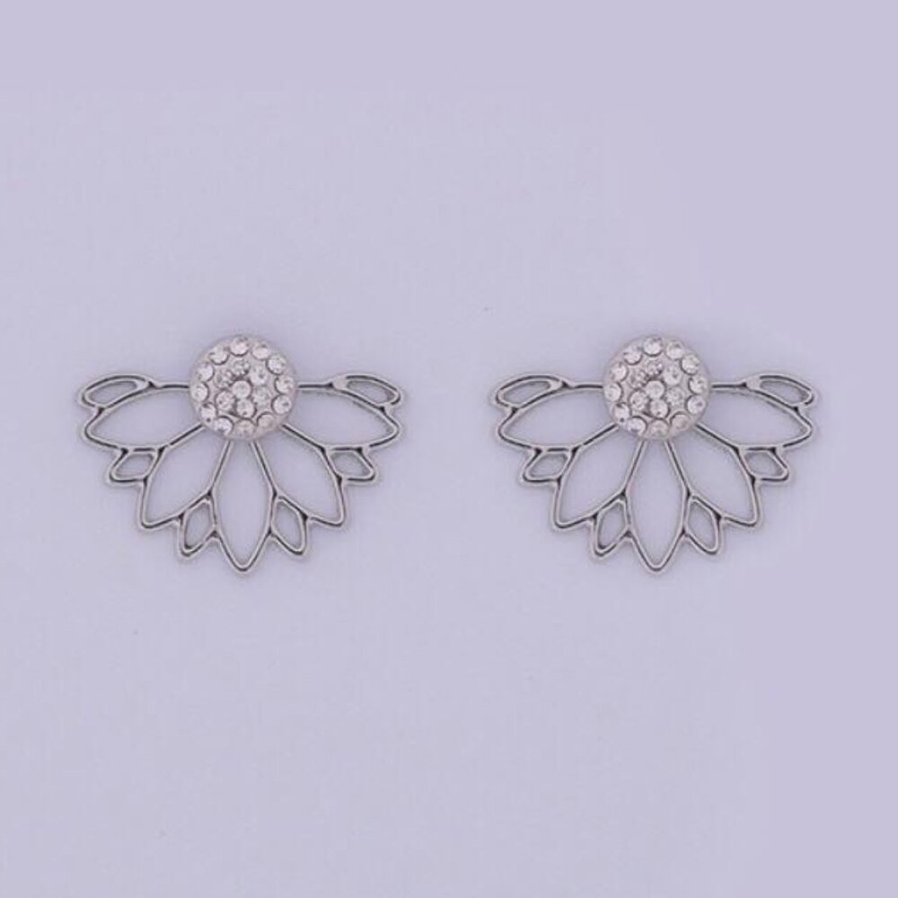 Silver Lotus Flower Ear Jackets with Zirconia Round Pave Cut Accents